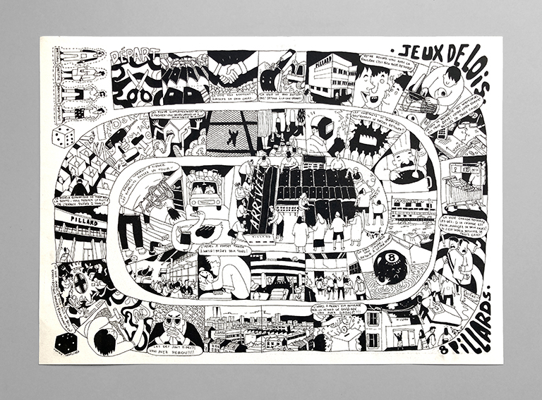 Impression en riso du Jeux de Lois dessiné par Lukas Hamilcaro pour Les 8 Pillards, collectif résident de l'Usine Pillard
